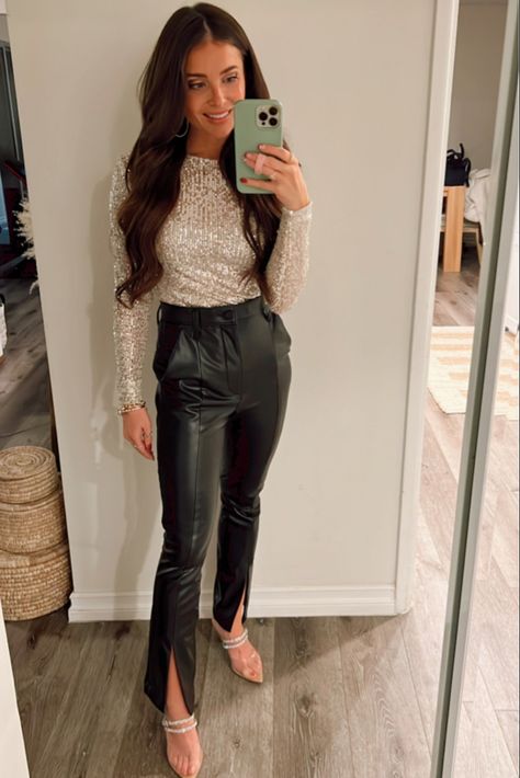 Sequin Top Leather Pants, Split Leather Pants Outfit, Leather Pants Outfit New Years, Black Sequin Flare Pants Outfit, Leather Pants Nye Outfit, How To Style Velvet Pants, Leather Pants Christmas Outfit, Black Leather Flare Pants Outfit, Leather Pants Holiday Outfit