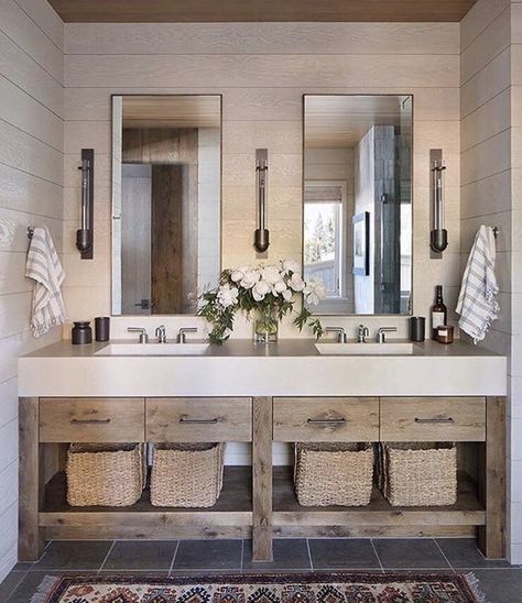 Lake House Bathroom, Rustic Lake Houses, Eclectic Kitchen, Gorgeous Bathroom, Bathroom Countertops, Bathroom Trends, House Remodel, Rustic Bathroom, Modular Homes