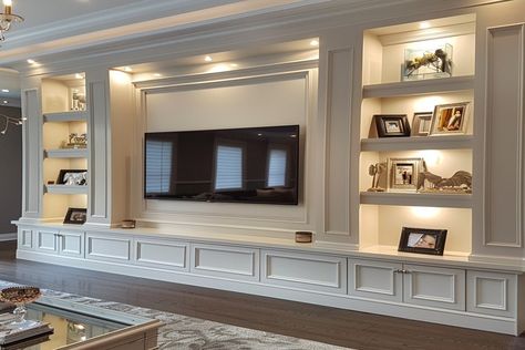 14 Terrific TV Media Wall Ideas For an Inspiring Experience | Sloane & Sons Blog Media Wall Storage Ideas, Large Wall Built Ins Living Room, Wooden Media Wall, Media Walls Living Room, Tv Wall Built In, Media Wall With Shelves, Built In Tv Units In Living Room, Tv Library Wall, Traditional Tv Wall