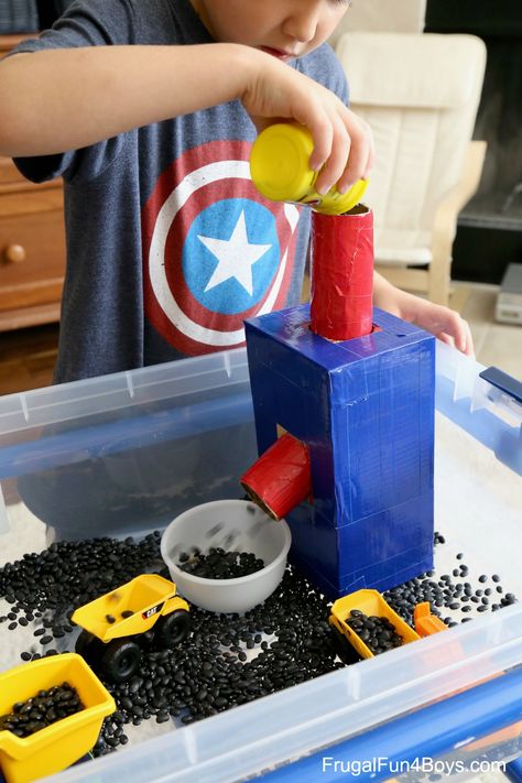 Construction Truck Sensory Bin - Frugal Fun For Boys and Girls Truck Sensory Bin, Construction Activities, Toddler Sensory, Sensory Boxes, Sensory Table, Kids Sensory, Sensory Bin, Toddler Play, Toddler Learning Activities