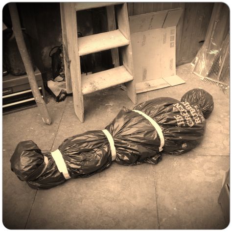 Body in the cellar halloween prop using bin bags and tape stuffed with straw Boy Blurred Pic, Halloween Prop, Bin Bag, Halloween Props, Halloween Outfits, Straw, Recycling, Textiles, Halloween