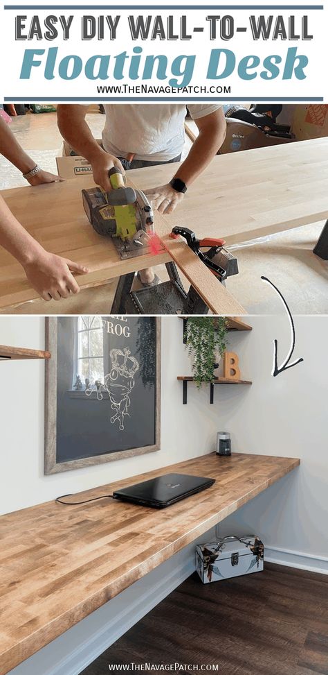 Countertop Office Desk, Floating Wall Table, Diy Wall Desk Ideas, Diy Desk Butcher Block, Whole Wall Desk, How To Make A Floating Desk, Diy Floating Countertop, Floating Butcher Block Desk, Floating Desk With Storage