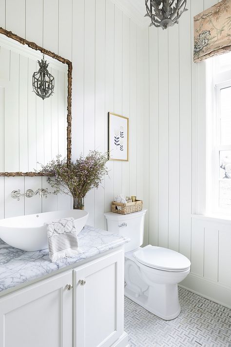 Vertical shiplap bathroom Powder bathroom with Vertical shiplap bathroom and marble mosaic tile Vertical shiplap bathroom #Verticalshiplap #bathroom Shiplap Bathroom Wall, Vertical Shiplap, White Vessel Sink, Shiplap Bathroom, Bathroom Paint, Bathroom Farmhouse Style, Cottage Bathroom, Bathroom Wallpaper, Shower Remodel