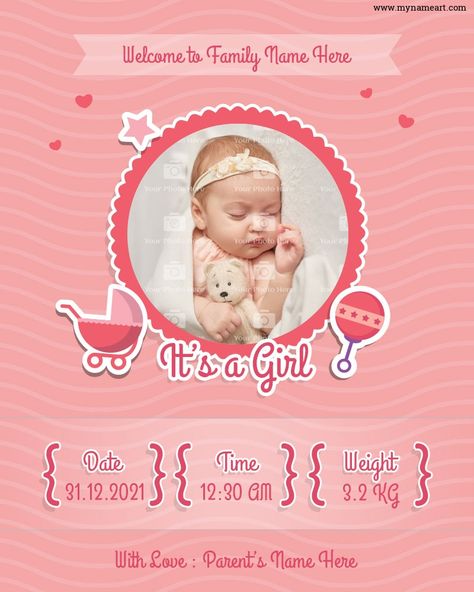 Welcome Status For New Born Baby Girl Baby Poster Design, Birth Announcement Template Free, Birth Announcement Ideas Templates, Shes Here Birth Announcement, Birth Announcement Card Design, Baby Birth Information Frame, New Born Baby Girl, Baby Birth Cards, Christmas Invitation Card