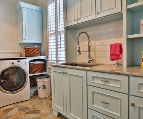 House of Turquoise: Stacye Love Construction and Design Aviary Blue Sherwin Williams, Blue Sherwin Williams, Flagstone Tile, Transitional Laundry Room, Paint Gallery, Laundry Room Colors, Laundry Room/mud Room, Blue Interior Design, Laundry Cabinets