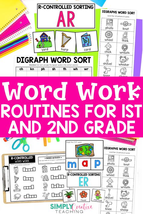 Unlock the secret to engaging word work activities with these teaching tips! Whether during literacy centers, guided reading, whole group instruction, or spelling practice, word work activities give students time to practice important phonics skills. Learn about these 3 essential routines to add to word work in your classroom to keep your first and 2nd grade students engaged. Your students will love these fun interactive activities. Plus, get a FREE word work starter kit! Read more here! Reading Rotations, Instructional Activities, First Grade Words, Phonics Ideas, Digraph Words, Structured Literacy, Word Work Centers, 2nd Grade Writing, 1st Grade Reading