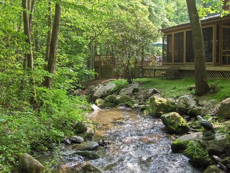 Rushing Waters Cabin Creek Front Property ~ House With Creek, House On A Creek, House By Creek, House By A River, Garden Creek, Backyard Sandbox, Rustic Cabins, Creek House, Cabin In The Mountains