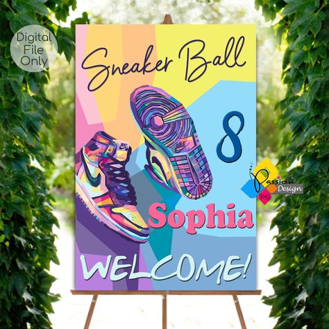 Printable SNEAKER Ball Birthday Board. Digital Sneaker Art Party Decor. Personalized Sneaker Ball Welcome Sign. Sneakers Party Theme Poster https://etsy.me/3E2yrjA #birthday #sneakergala #sneakerbanner #sneakerball #sneakerbirthday #sneakerparty #sneakerbackground Sneaker Ball Decor, Sneaker Gala Party Ideas, Sneaker Party Theme, Sneaker Ball Party Decorations, Sneaker Ball Decorations, Sneaker Ball Party Ideas, Sneaker Birthday Party, 8th Grade Dance Themes, Art Party Decor