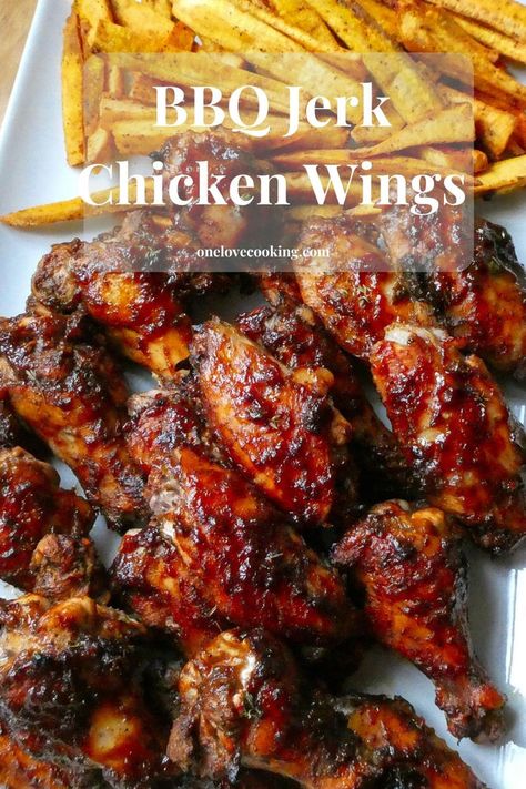 BBQ Jerk Wings with Plantain Fries Bbq Jerk Chicken Wings, Bbq Jerk Chicken Recipe, Jamaican Jerk Wings Recipe, Grilled Jerk Chicken Wings, Jerk Chicken Fries, Jerk Wings Recipe, Baked Jerk Chicken Wings, Jamaican Bbq Chicken, Jerk Fried Chicken