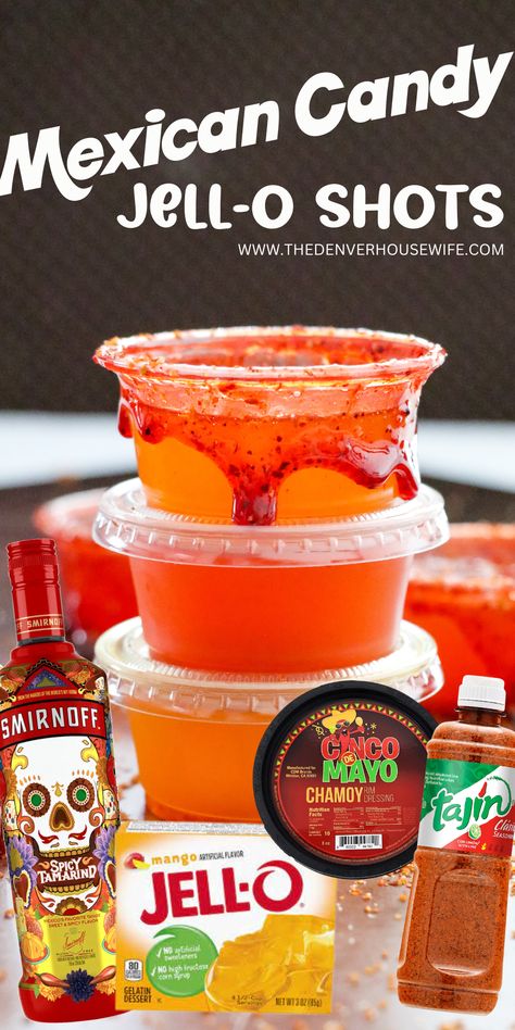 Drinks With Chamoy And Tajin, Mango Margarita Jello Shots, Western Themed Jello Shots, Mini Patron Bottle Drinks, Mexican Themed Jello Shots, Mangonada Jello Shots, Fiesta Jello Shots, Drinks With Chamoy Rim, Cinco De Mayo Jello Shot Ideas