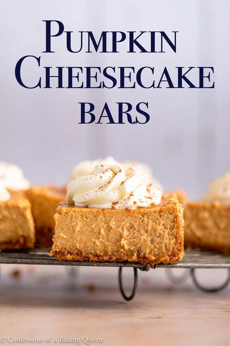 These easy pumpkin cheesecake bars are smooth, creamy, and filled with warm autumn flavors. Perfect for your Halloween or Thanksgiving party these cheesecake bars are a crowd favorite. Step-by-step photos show you how to make these delicious dessert bars!! Best Pumpkin Cheesecake, Dessert For Fall, Homemade Graham Cracker, Cheesecake Bars Easy, Pecan Crust, Mini Pumpkin Cheesecake, Pumpkin Cheesecake Bars, Gingersnap Crust, Pumpkin Cheesecake Recipes