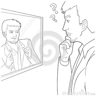 mirror-reflection-man-practice-greeting-illustration-isolated-color-drawing-black-white-artwork Man Looking In Mirror Drawing, Mirror Reflection Drawing, Looking Into Mirror Drawing Reference, Reflection Drawing, Mirror Drawings, Broken Mirror, Sketches Simple, Boy Drawing, Black And White Artwork