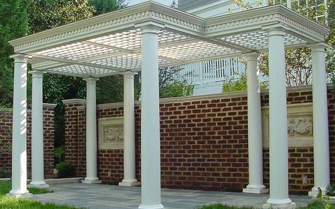 Pergola With Round Columns, Pergola With Columns, Victorian Pergola, Pergola Over Deck, Trellis Ceiling, Pergola Columns, Side Pergola, Classic Pergola, Traditional Pergola