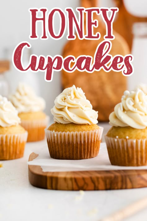 Honey Cupcakes - These honey cupcakes are soft and moist with a subtle honey flavor baked into the cake and a luxurious honey buttercream on top. Honey Recipes | Honey Cupcake Recipe | Cupcake Recipes | Easy Cupcakes #cupcakes #baking #dessert Honey Cupcake Recipe, Honey Cake Recipe Easy, Gut Health Foods, Honey Buttercream, Honey Cupcakes, Recipe Using Honey, Honey Muffins, Honey Dessert, Honey Cake Recipe