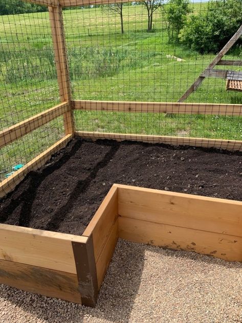 Raised Bed With Fence, Raised Garden Sloped Yard, Veggie Garden Inclosed, Fencing Around Raised Garden Beds, Walk In Raised Garden Beds, Plans For Raised Garden Beds, Deer Proof Garden Raised Beds, Fenced Vegetable Garden Design, Deer Proof Garden Fence