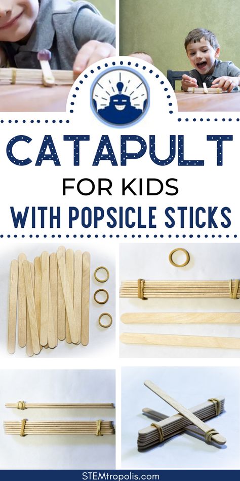 Craft sticks and popsicle sticks belong in any craft kit or maker space. They're great materials for quick and easy projects.  We made a catapult and our kids love launching it!  Find out how you can make a DIY catapult with easy instructions.  Click to find kids activities, STEM challenges, STEAM projects and science experiments at STEMtropolis.com Stem Catapult, Catapult For Kids, Diy Catapult, Popsicle Stick Catapult, Kitchen Science, Fun Kids Activities, Steam Projects, Stem Crafts, Craft Sticks