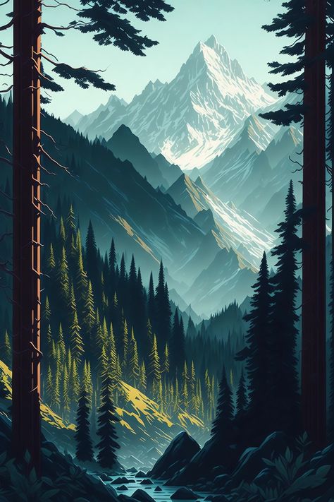 #Forest #MountainScenes #OutdoorAdventures #WildernessExploration #NaturalBeauty #MountainVibes #NaturePhotography #Art Twilight Art, Mother Earth Art, Mountains And Trees, Future Wallpaper, Background Photos, Adventure Art, Forest Illustration, Landscape Art Painting, Nature Posters