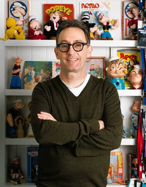 Tom Kenny in the office of his Studio City, Calif., home, with his vintage Popeye... Mayor Of Townsville, Patchy The Pirate, Dee Bradley Baker, Voice Artist, Tom Kenny, Stephen Hillenburg, The Fairly Oddparents, Pineapple Under The Sea, Nickelodeon Spongebob