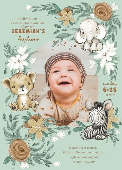 Baptismal Invitation Template Blank, Baby Birthday Party Invitations, Cozy Critters, Baptism Invitation For Boys, Christening Invitations Boy, Birthday Invitation Design, Baby Boy Invitations, Safari Invitations, 1st Birthday Invitation Template