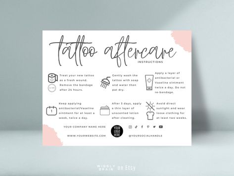 Unique Tattoo Aftercare Instructions Card Template - Printable Business Branding Insert for Tattoo Artists Tattoo Aftercare Instructions Card, Tattoo Business Ideas, Tattoo After Care Instructions, Tattoo Aftercare Kit, Tattoo Business Cards Ideas, Instructions Card Design, Instruction Card Design, Tattoo Aftercare Instructions, Tattoo Business Cards