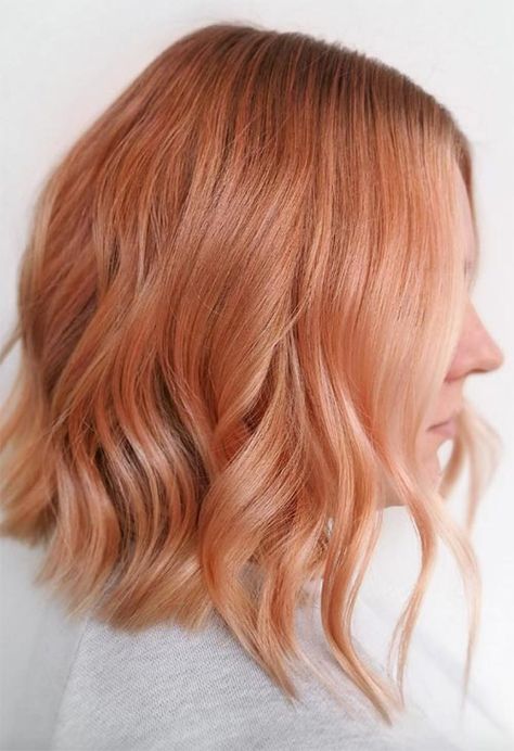 67 Pretty Peach Hair Color Ideas: How To Dye Your Hair Peach - Glowsly Peach Cobbler Hair, Apricot Hair Color, Strawberry Blonde Short Hair, Lob Ideas, Apricot Blonde, Strawberry Blonde Bob, Apricot Hair, Peach Hair Colors, Strawberry Blonde Hair Color