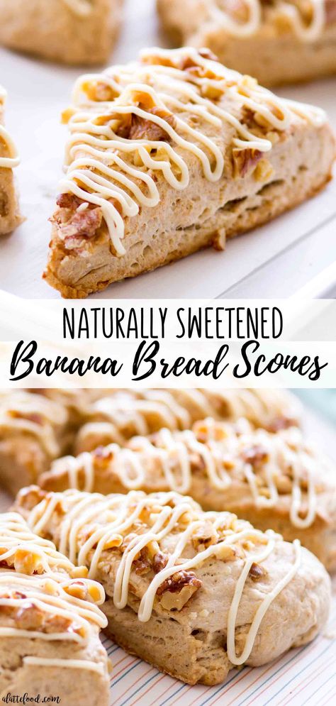 These naturally sweetened Banana Bread Scones are flaky, full of flavor and also topped with a naturally sweetened maple cream cheese frosting! These refined sugar-free scones are sweetened with maple syrup, making this maple banana scone recipe to die for! Banana Strudel, Banana Nut Scones, Hummingbird Bread Recipe, Banana Scones, Breakfast Casserole With Bread, Maple Cream Cheese Frosting, Carrot Banana Cake, Maple Cream Cheese, Plant Eater