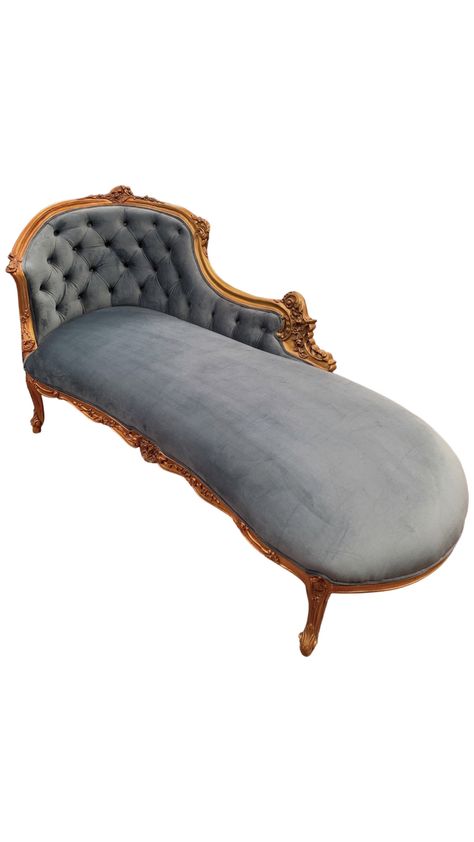 "This is a gorgeous French style Louis XVI chaise lounge with blue velvet, tufted back, and an antique gold finish. Dimensions: 72\"L x 37\"H x 28\"D Visit our Warehouse! 14620 Keswick St. Van Nuys 91405 www.thefrenchaccentgallery.com Instagram: https://www.instagram.com/thefrenchaccentgallery Facebook: https://www.facebook.com/thefrenchaacentgallery FIND US ON YELP Los Angeles! The French Accent Gallery Disclaimer: In overall good condition. Antique and vintage items by their very nature show n Ethereal House, French Chaise Lounge, Green Chaise Lounge, Chaise Louis Xvi, Poem Illustration, Vintage Chaise, Tufted Chaise Lounge, Black Accent Table, Velvet Chaise Lounge