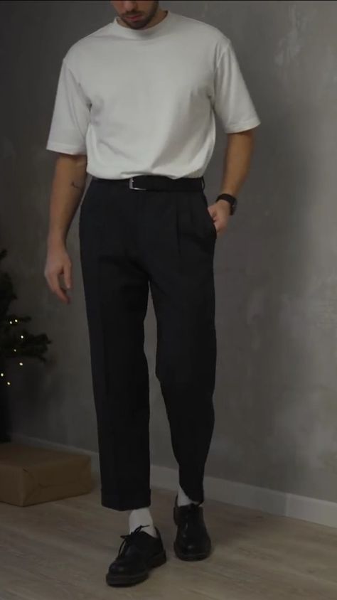 Men Black Slacks Outfit, Men Black Trousers Outfit, Male Hairstylist Outfits, Semi Professional Outfit Men, Low Docs Outfit Men, Alternative Business Casual Men, Slacks Outfit Casual Men, Smart Casual Men Outfit Street Style, Doctor Martens Outfit Men