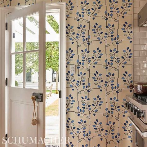 Grape Wallpaper, Neisha Crosland, Wallcovering Pattern, Cottage Kitchens, Statement Wall, Delft Blue, Blue Pottery, Leaf Wallpaper, Blue Leaves