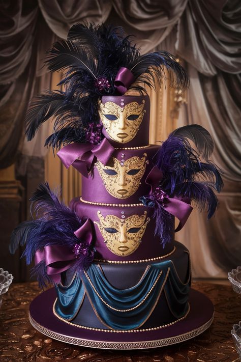 Masquerade Ball Magic: Jewel-Toned Birthday Cake Masterpiece Masquerade Party Cake, Burlesque Theme, Sweet 16 Masquerade Party, Masquerade Ideas, Masquerade Cakes, Birthday Cake Aesthetic, Purple Cakes Birthday, Crystal Decorations, Cake Aesthetic