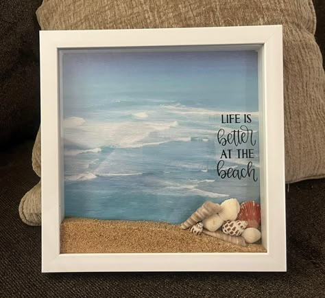 Beach Shadow Box Ideas Diy, Shell Crafts Kids, Sand Art Diy, Beach Keepsakes, Beach Shadow Boxes, Ocean Theme Crafts, Seashell Art Diy, Sand Pictures, Box Frame Art