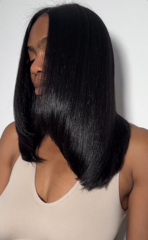 Black Silk Press Natural Hair, Jet Black Hair Black Women Natural, Silk Press Shoulder Length Hair, Jet Black Silk Press, Black Hair Silk Press, Best Hair Color Ideas, Color Ideas For Black Women, The Best Hair Color, Wavy Hair Overnight