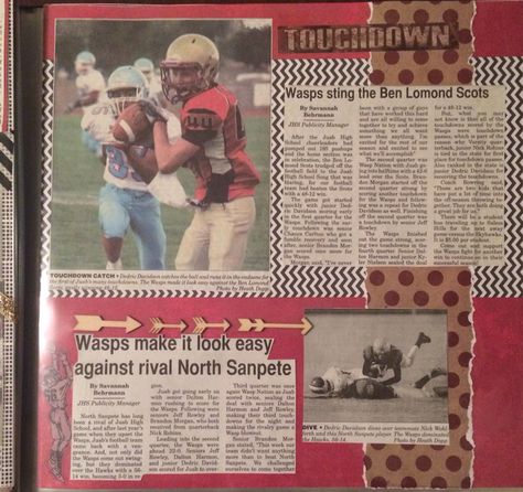 Senior scrapbook. Sports scrapbook. Scrapbook with newspaper clippings. Football scrapbook. Layouts. Scrapbook ideas. Senior Scrapbook Ideas, Sport Crafts, Senior Year Scrapbook, Beginner Scrapbooking, Scrapbooking Sports, School Scrapbook Layouts, Football Books, Senior Football, Newspaper Clippings