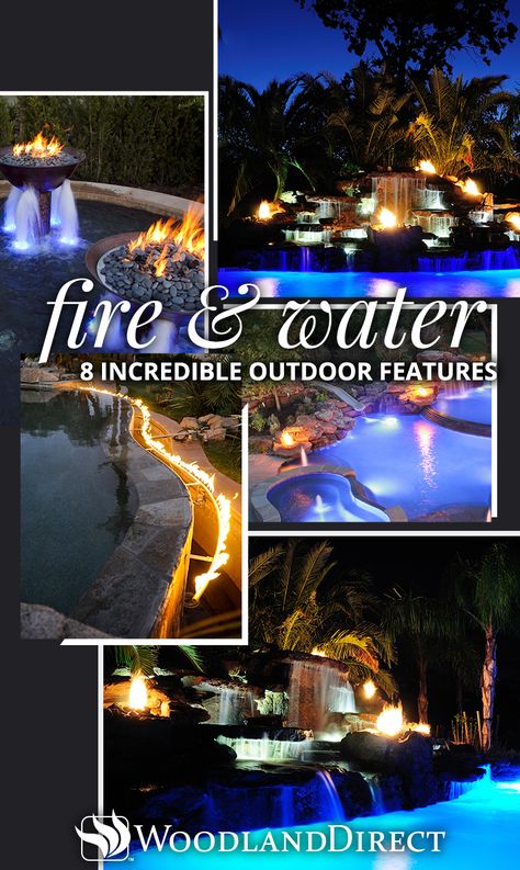 Fire and water create visually appealing displays that are equal parts exciting, mesmerizing, and relaxing when paired together. You may not think these two opposing elements would make a great match, but their differences actually complement each other in a way that heightens the beautiful qualities present in each. Check out these 8 incredible custom fire & water features! https://www.woodlanddirect.com/Incredible-Fire-and-Water-Features Pool Fire And Water Feature, Swimming Pool Fire Features, Fire Pit With Water Feature Backyards, Fire Water Fountain, Fire Pit Waterfall Combo, Water And Fire Features For The Yard, Outdoor Fire Feature Ideas, Pool Waterfall With Fire Bowls, Pools With Fire Bowls