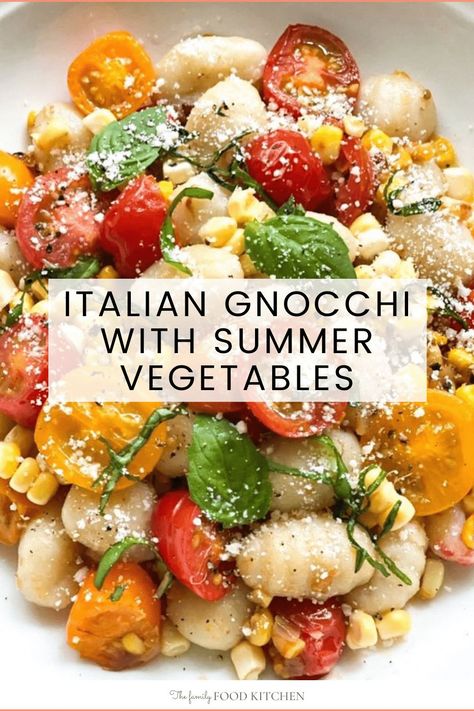 This Quick & Easy Gnocchi with Vegetables can be ready in 15 minutes. Perfect for busy weeknights, the buttery corn and tomato sauce takes store bought gnocchi to the next level. #FamilyFoodKitchen Zucchini Gnocchi Recipe, Gnocchi Pasta Salad, Gnocchi Salad Recipes, Summer Gnocchi Recipes, Gnocchi Side Dish Recipes, Spring Gnocchi, Veggie Gnocchi Recipes, Corn Gnocchi, Gnocchi With Vegetables