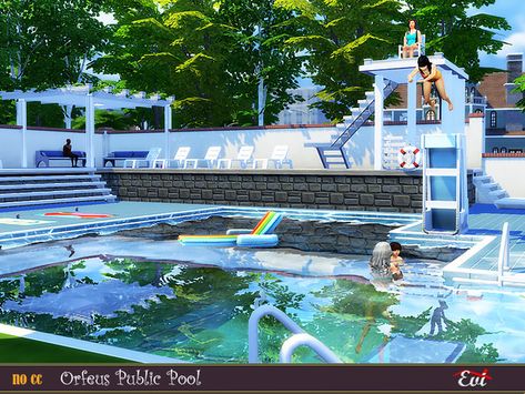 Sims 4 Public Pool Ideas, Sims 4 Public Pool, Sims 4 Community Lots, Public Pool, Lifeguard Chair, Swimming Pool Accessories, Aircraft Interiors, Sims Building, Building A Pool