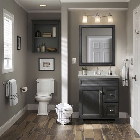 Bathroom Wood, Bathroom Vanities Without Tops, Half Bathrooms, Grey Bathroom Vanity, Basement Makeover, Bathroom Vanity Base, Classic Bathroom, Trendy Bathroom, Bathroom Vanity Cabinets