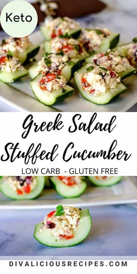 Refreshing and crunchy cucumber bites stuffed with a Greek salad mixture for an easy summer appetizer. #cucumber #lowcarb #keto #glutenfree #appetizer #cucumberbites Keto Bridal Shower Food, Cucumber Hors D’oeuvres, Dainty Appetizers, Healthy Hors D’oeuvres, Stuffed Cucumber Bites, Stuffed Cucumbers, Glutenfree Appetizer, Cucumber Bites Appetizers, Cucumber Boats