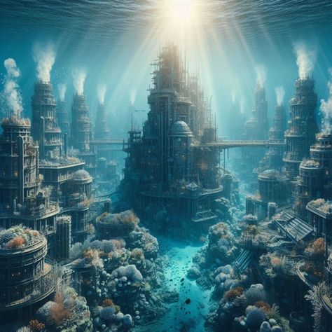 An underwater industrial city – Xandr Focart Underwater Cities Concept Art, Underwater City Landscape, Undersea City Fantasy Art, Sci Fi Underwater City, Steampunk Architecture, Geothermal Power Plant, Underwater Steampunk City, Industrial City, Clear Sea