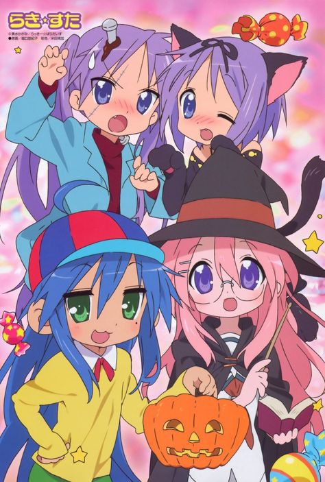 4girls animal_ears blood cat_ears frankenstein frankenstein's_monster halloween hat highres hiiragi_kagami hiiragi_tsukasa horiguchi_yukiko izumi_konata jack-o'-lantern kaibutsu-kun kaibutsu_tarou lucky_star multiple_girls official_art parody pumpkin scan takara_miyuki tsurime witch witch_hat Hiiragi Tsukasa, Takara Miyuki, Kagami Hiiragi, Izumi Konata, Animecore Webcore, Sailor Fuku, Haruhi Suzumiya, Halloween Hat, Monster Halloween