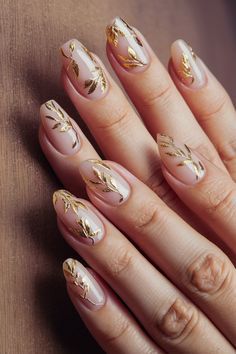 # nail art design# Chrome Leaves Nails, Golden Leaf Nails, Gold Leaf Art Nails, Gold Leaf Design Nails, Fall Nail Designs Wedding, Fall Nails Gold Accent, Autumn Bridal Nails, Nail Art Designs Golden, Gold Pumpkin Nails