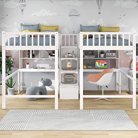 Twin & Twin Size Loft Beds with 2 Desk and Storage Shelves Double Loft Bed Frame with Stairs Corner Twin Beds for 2 Kids Girls Boys Teens, White Corner Twin Beds, Double Loft Beds, Built In Desk And Shelves, Storage Staircase, Trundle Bed With Storage, Wood Loft Bed, Shelves And Storage, Unicorn Room Decor, Kura Bed