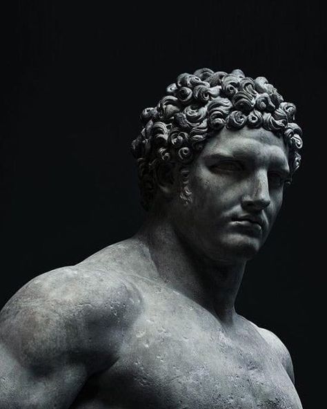 Marble statue of the young Hercules, Flavian (69-96 A.D.) Hercules, A Black, Curly Hair, A Man, Statue, Black And White, Tumblr, Hair, White