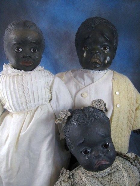 A trio of dolls made by Leo Moss, early 1900s. An article published in The New York Times on January 9th, 1978 about avid doll collector and author Myla J. Perkins provided some background on Leo Moss, a doll maker from Macon, Georgia. As the article alleges, many doll collectors—even those who primarily collected dolls with black “skin” had never heard of Moss or his incredibly poignant dolls until the 1970s. According to this vintage piece from the Times, Moss would make “white” doll... African American Dolls, Black Dolls, Old Dolls, Hello Dolly, Black Doll, Doll Maker, Boy Doll, Dollhouse Dolls, Doll Head