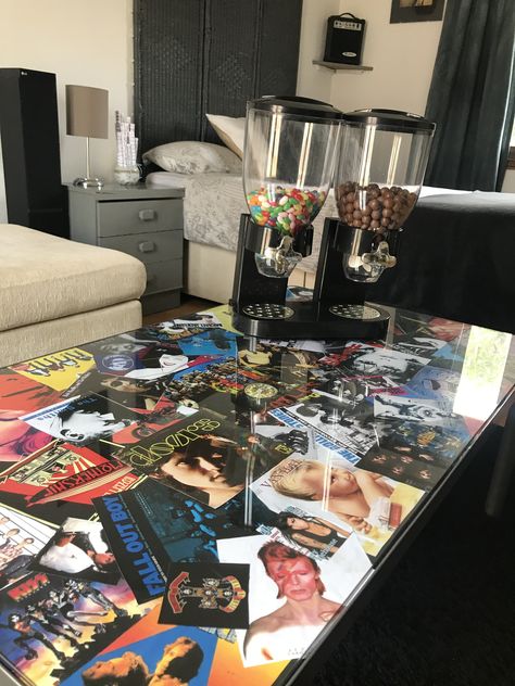 Bedroom coffee table for my Sons bedroom, printed Album Cover Collage with Glass Top Sticker Coffee Table, Collage Coffee Table, Sticker Table Top, Collage Table Top Diy, Artsy Coffee Table, Collage Table Top, Album Cover Room Decor, Resin Coffee Table Diy, Haunted Bedroom