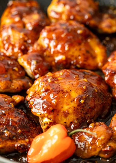 Habanero Apricot Chicken | Kevin Is Cooking May Meal Plan, Habanero Chicken, Habanero Recipes, Pan Seared Chicken Thighs, Apricot Chicken Recipes, Habanero Chili, Gourmet Chicken, College Cooking, Recipes With Chicken And Peppers