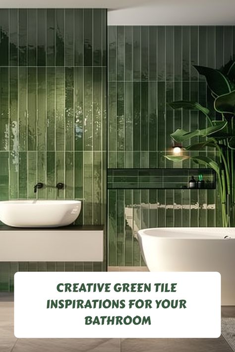 Modern bathroom with green tiled walls and a white freestanding basin, highlighting creative design inspiration. Green Subway Tiles Bathroom, Green Tile Ensuite, Small Ensuite Tile Ideas, White Green And Black Bathroom, Jade Green Bathroom Tiles, Green Wood Bathroom, Dark Green Bathroom Tiles, Sage Green Tile Bathroom, Green Tiled Bathrooms