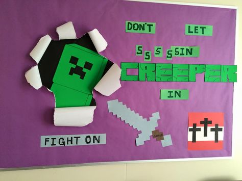 Minecraft Bulletin Board Ra, Minecraft Bulletin Board, Minecraft Classroom, Minecraft Church, Bible Bulletin Boards, Bible Education, Teacher Door Decorations, Kids Church Decor, Class Bulletin Boards