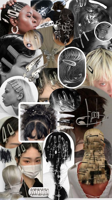 Silver Hair Accessories Aesthetic, Hairstyle With Silver Clips, Silver Hairclips Hairstyle, Silver Clips Hairstyles, Silver Hair Clips Aesthetic, Black Outfit With Silver Accessories, Y2k Hairclip Hairstyle, Y2k Hairstyles Hairclips, Black Hair Accessories Aesthetic