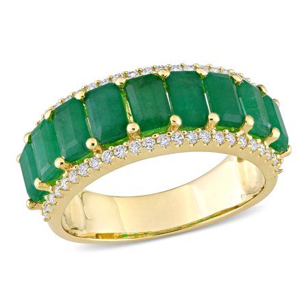 This breathtaking Miabella Emerald and Diamond Semi-Eternity Anniversary Ring is one to be cherished forever. Crafted in lustrous 14-karat yellow gold, this charming ring features nine octagon-cut, prong-set emerald gemstones (5x3mm) and 48 round-cut, buttercup-set diamonds (G-H, I1). Enhanced with a polished finish, this glistening ring is a true work of art. Nothing says 'I love you' like this gorgeous ring. Size: 8.5.  Color: Green.  Gender: female.  Age Group: adult. Emerald Band Ring, Unique Ring Designs, Rings Vintage, Unique Ring, Emerald Stone, Women Diamond, Emerald Gemstone, Yellow Gold Ring, Eternity Band